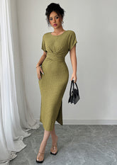 Textured Crew Neck Side Split Wrap Dress